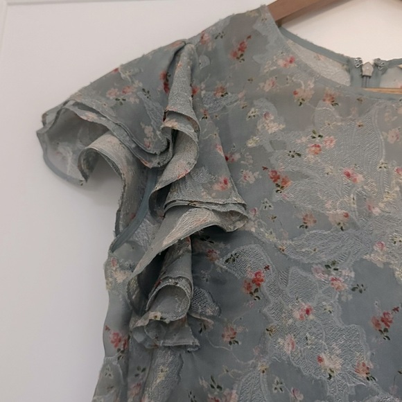 Rebecca Tayler Serra Floral Organza Ruffle Top Light Blue Silk Pattern - Picture 4 of 14